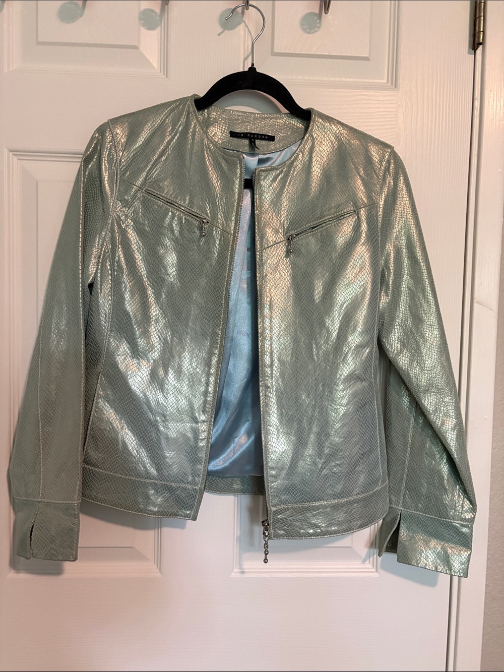 Vintage In Suede Worthington Metallic Mint Leather Jacket with Snakeskin pattern